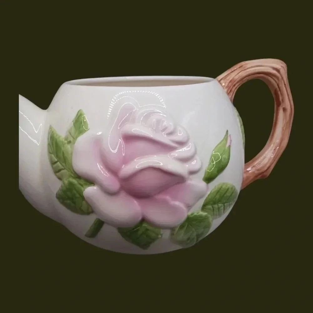 Teleflora rose ceramic teapot white pink color